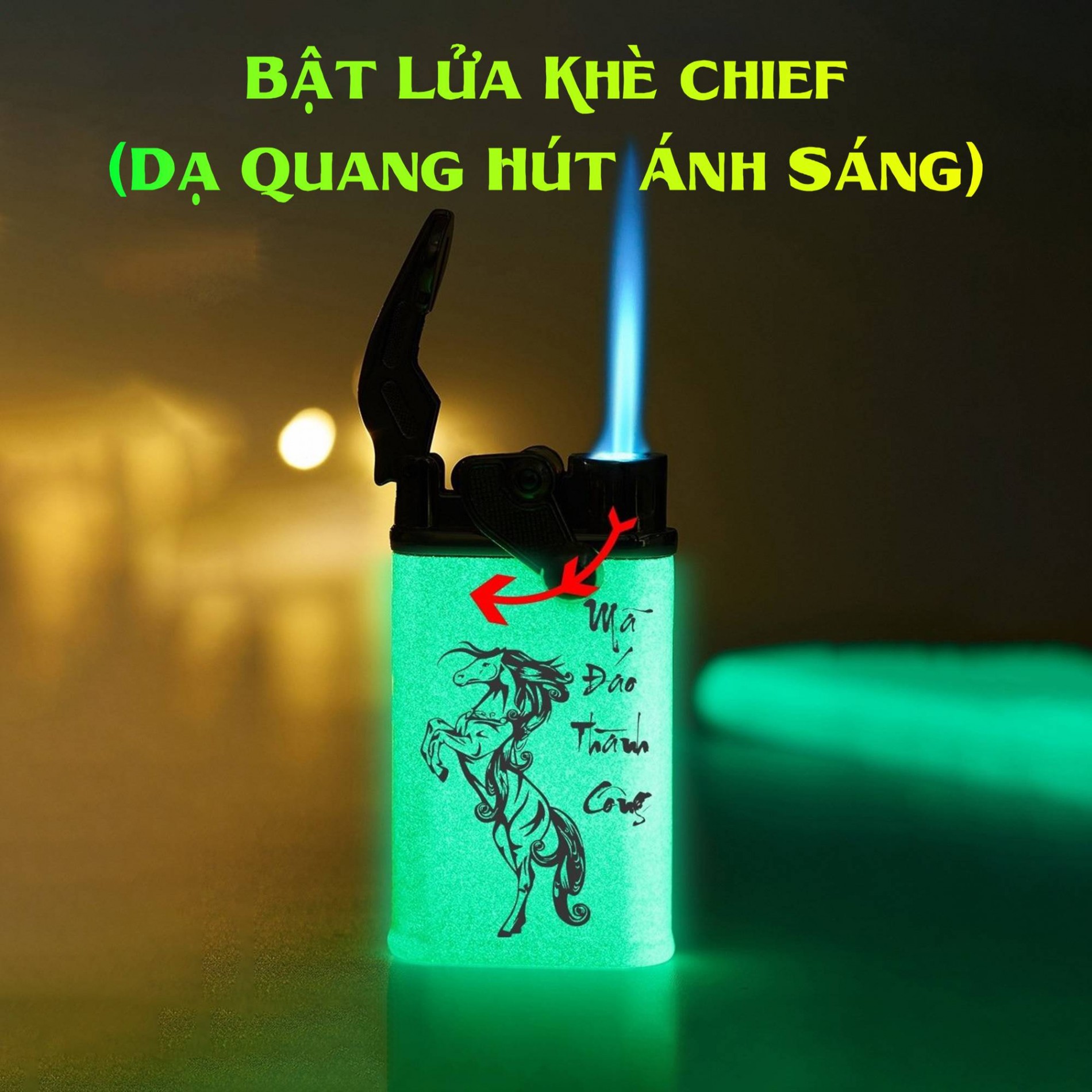 Hộp quẹt bật lửa khè Chief búng tay đánh lửa dạ quang hút ánh sáng hình mã đáo thành công - (xài gas)