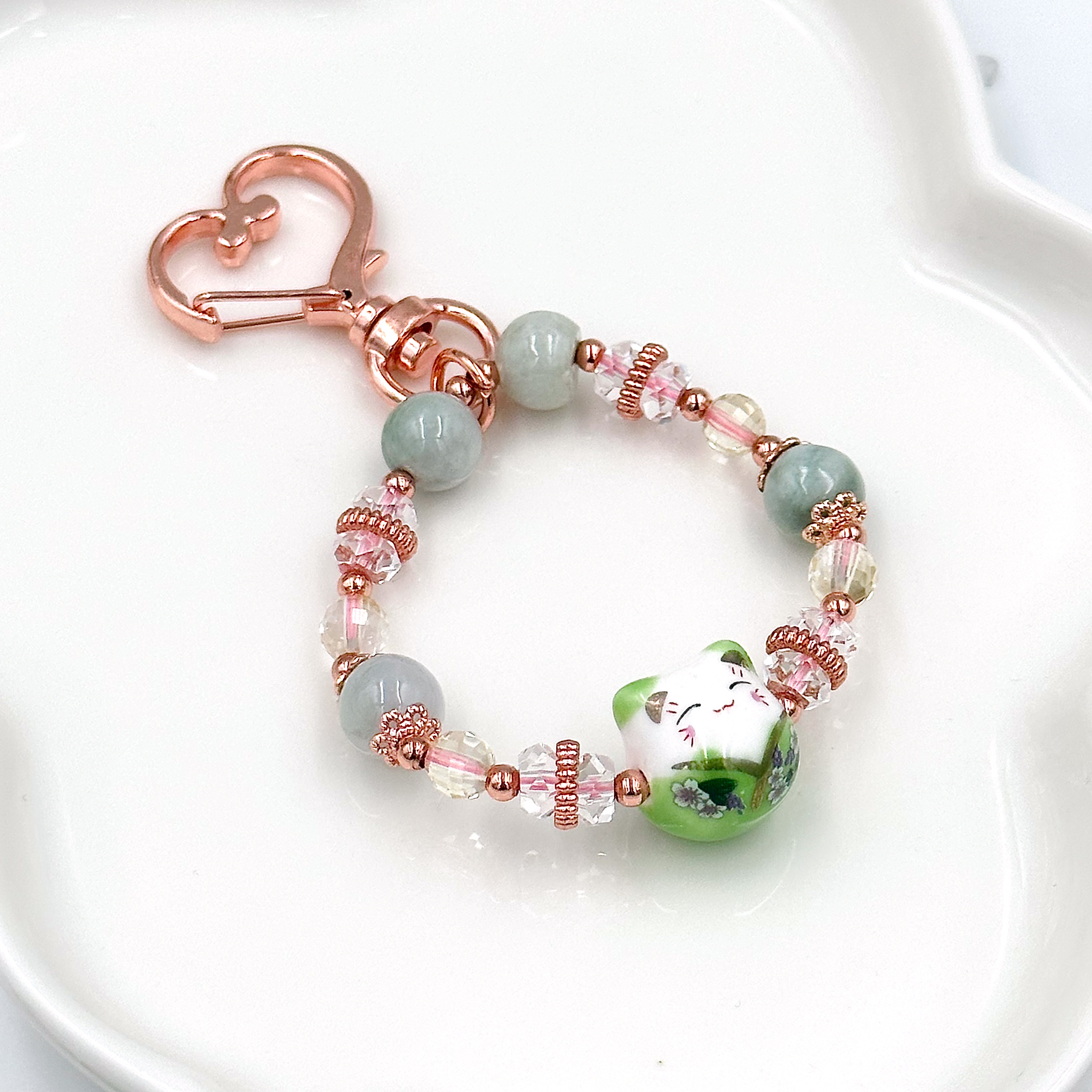 CRZ Bag Charm - Phụ Kiện - Green Porcelain Cat With Jadeite - Móc Khóa Vòng Tay Đá Ngọc Thạch Kèm Charm Mèo Xanh Lá Bằng Sứ