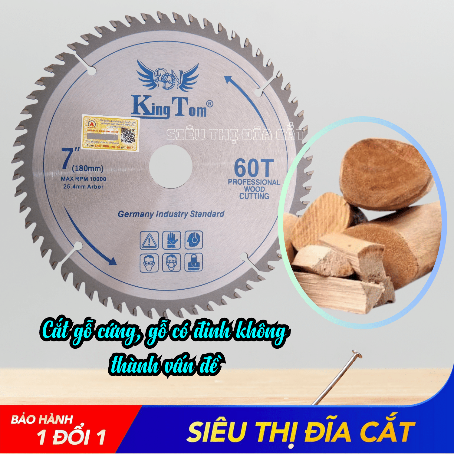 Lưỡi Cưa - Lưỡi Cắt Gỗ Cao Cấp 180-60 Răng KingTom - Chuyên Gỗ Cứng, Gỗ Có Đinh