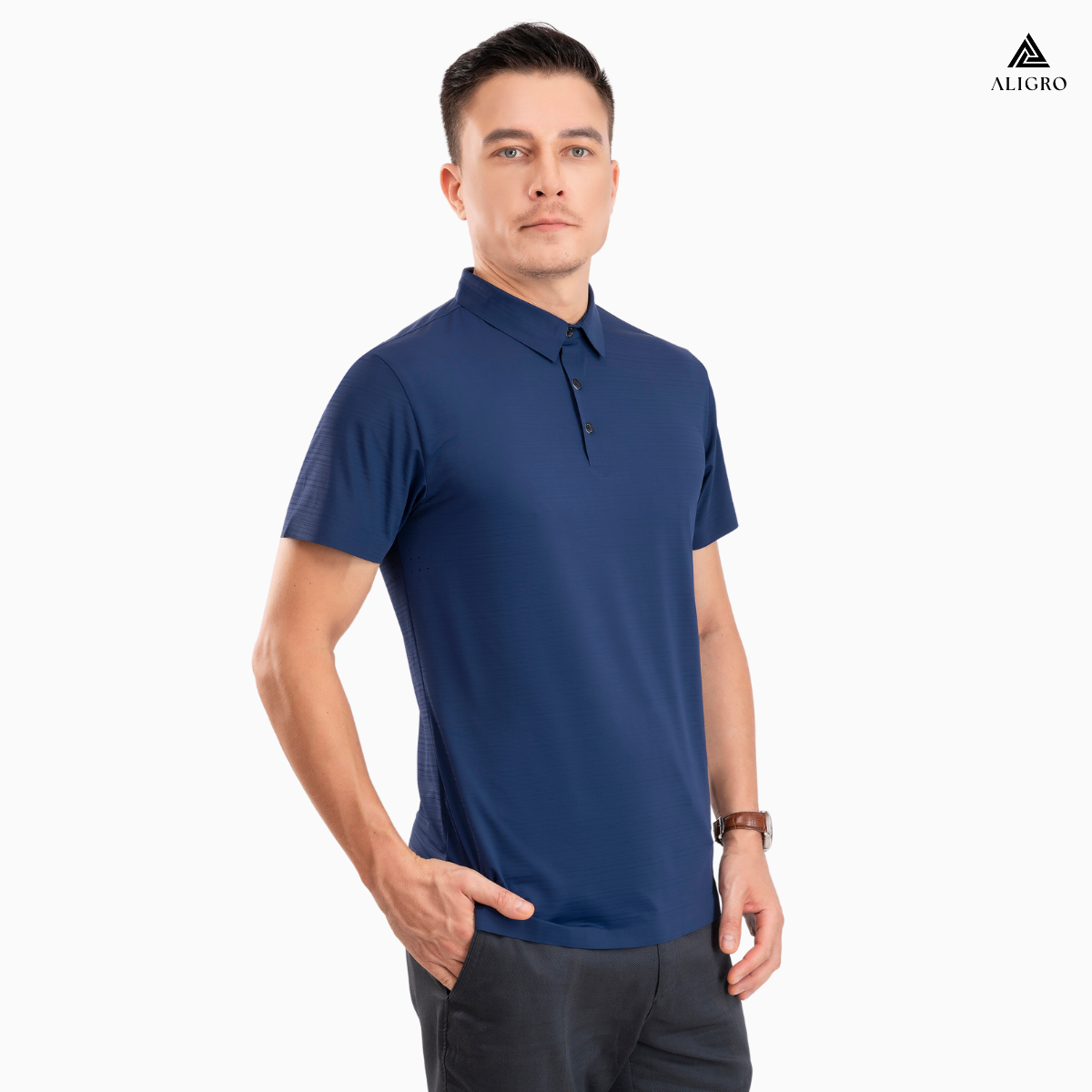 Áo polo golf nam ngắn tay ALIGRO chất vải coolmax trơn màu navy năng động ALGPLO122