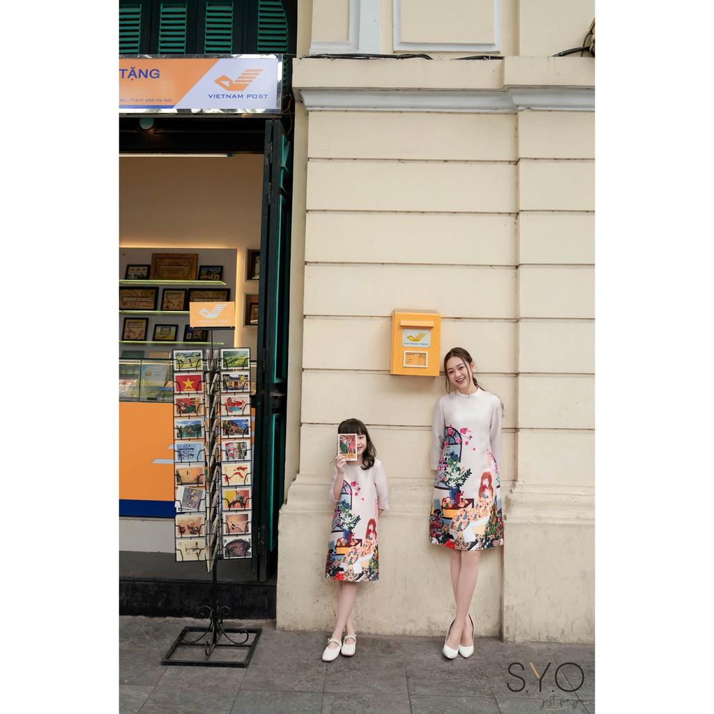 Áo Dài Cách Tân KID In Hình Cô Gái Uống Trà SYO AD010
