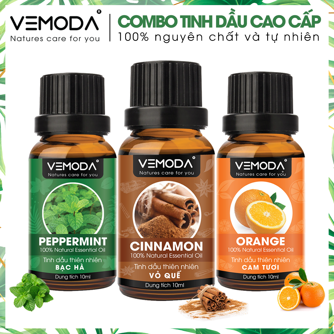 Tinh dầu Xông phòng cao cấp gồm Combo 3 lọ tinh dầu nguyên chất: tinh dầu Cam tươi + tinh dầu Vỏ quế + tinh dầu Bạc hà Vemoda