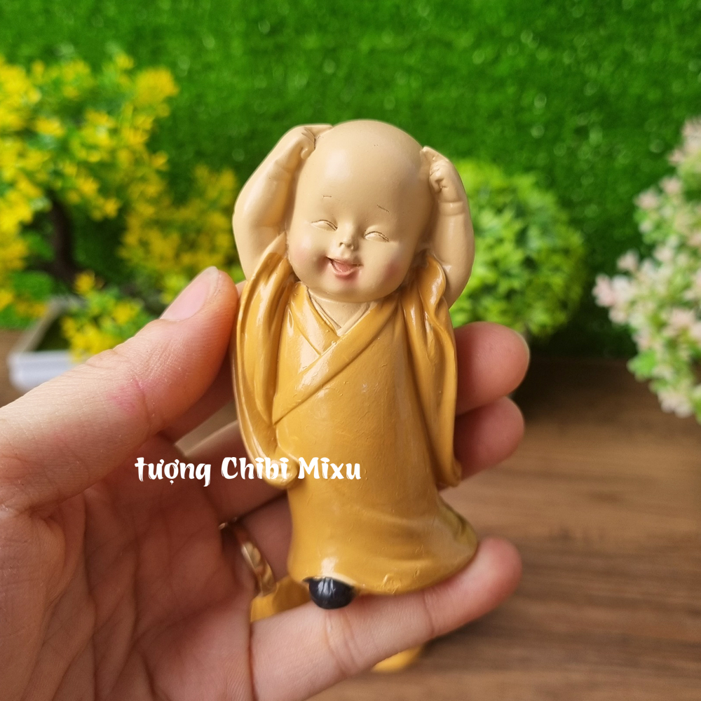 Bộ 03 tượng chú tiểu an nhiên, chú tiểu yêu đời màu áo nâu 8cm