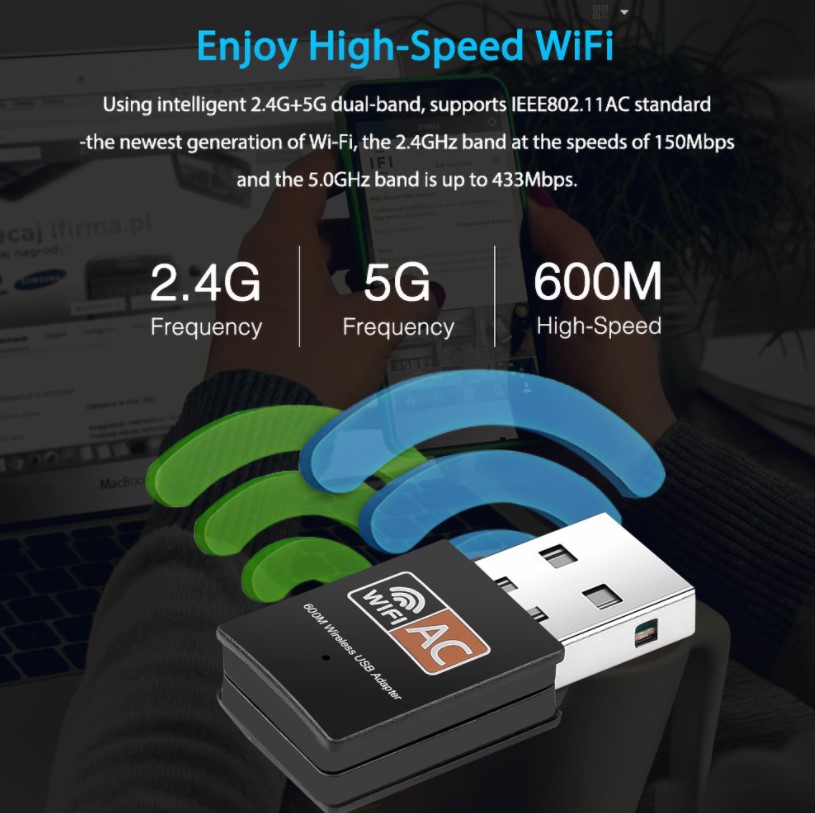 USB WIFI 5G, tốc độ cao 600Mbps, thu sóng WIFI chuẩn AC cho máy bàn pc laptop