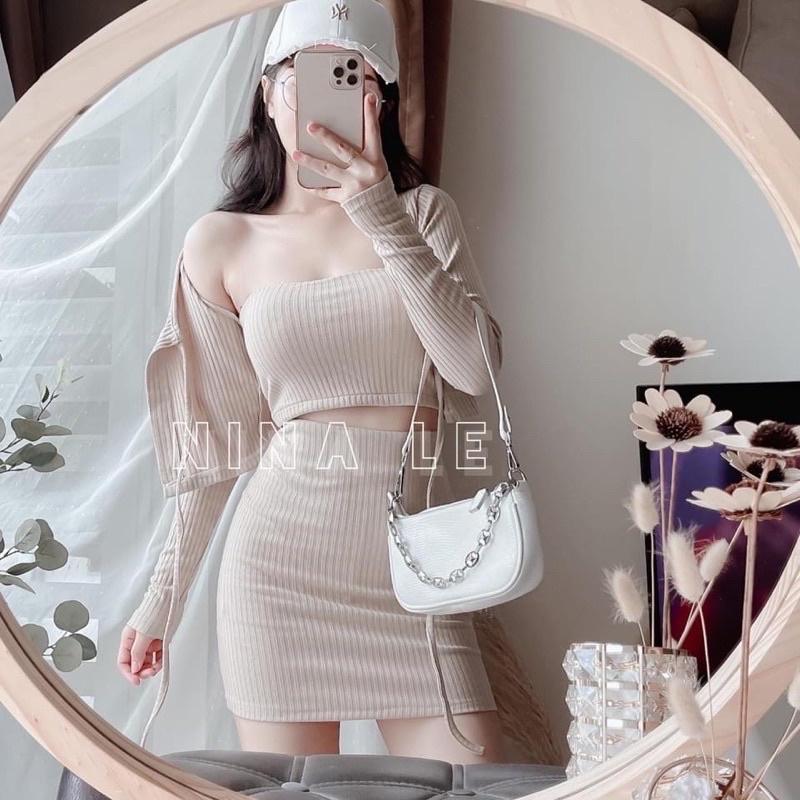 Set Nude Áo 2 Dây Kèm Áo Khoác Chân Váy Ôm