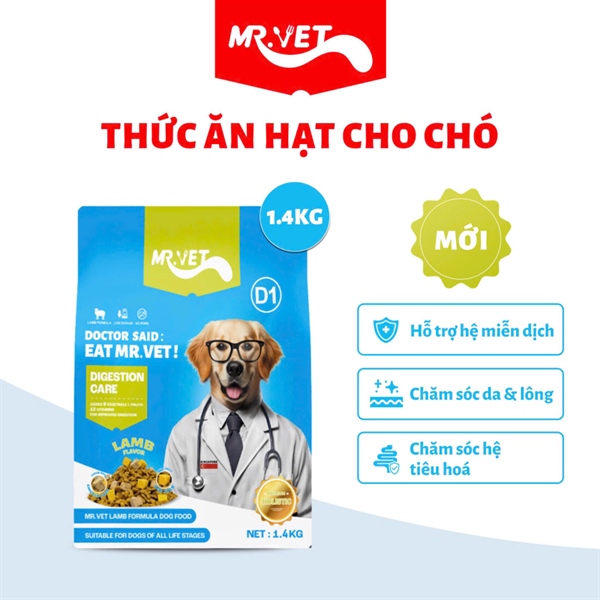 Gói Hạt 1.4kg Mr.Vet D1 cho Chó ở Mọi Lứa Tuổi - Chăm sóc hệ tiêu hóa toàn diện với Gan gà &amp; Lòng đỏ trứng sấy
