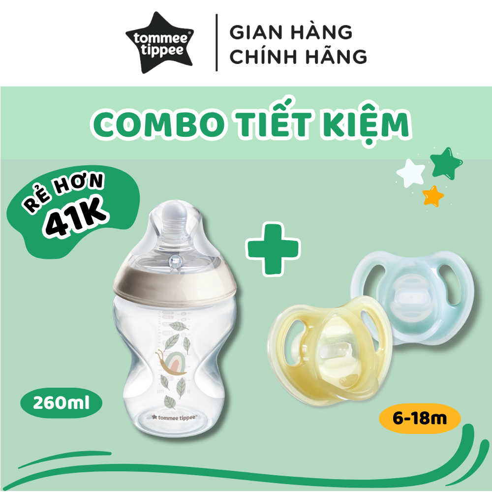 COMBO Ty Ngậm Silicon Siêu Nhẹ Tommee Tippee Ultra Light 6-18m & Bình Sữa PP Ty Siêu Mềm Tommee Tippee 260ml, Họa Tiết