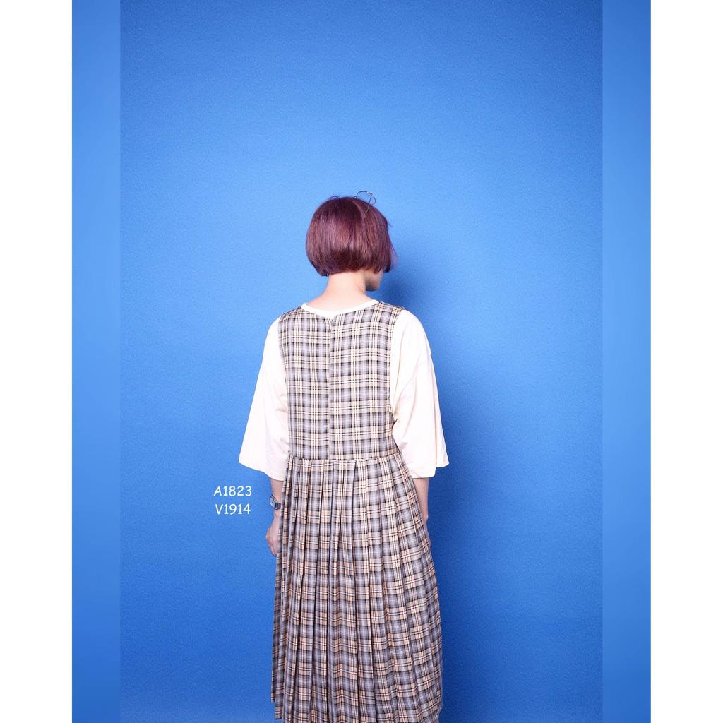 Váy liền kẻ caro Minion Clothing dáng xoè xếp li phong cách Ulzzang Streetwear Hàn Quốc V1914