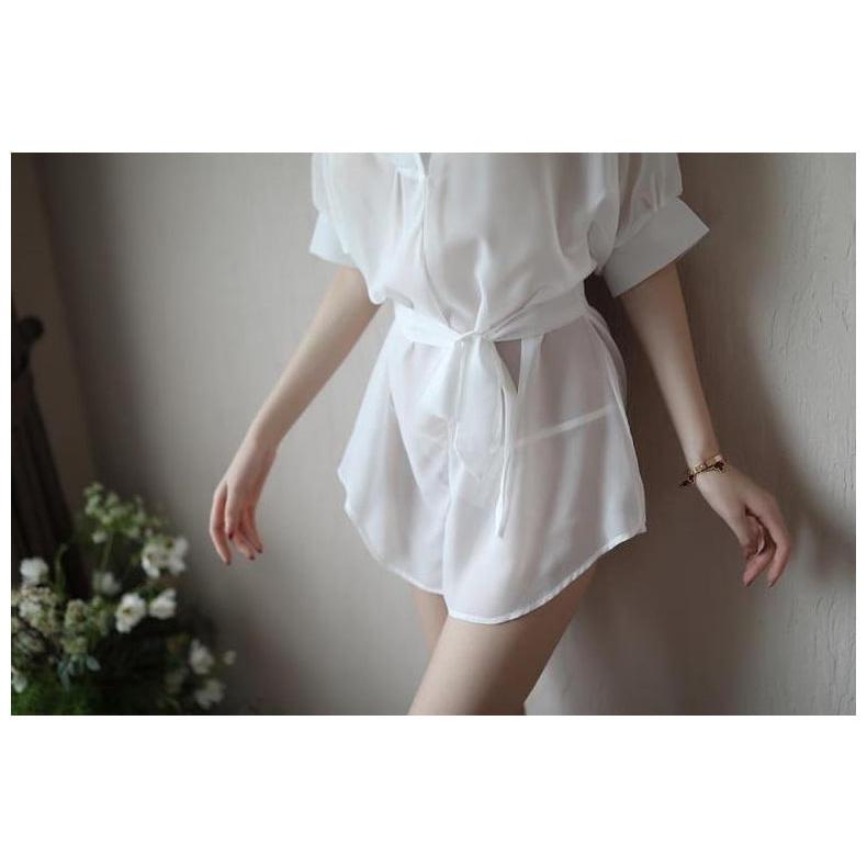 Váy ngủ sexy - Đầm ngủ sexy voan mỏng kiểu áo choàng sơmi, quần chip và thắt dây