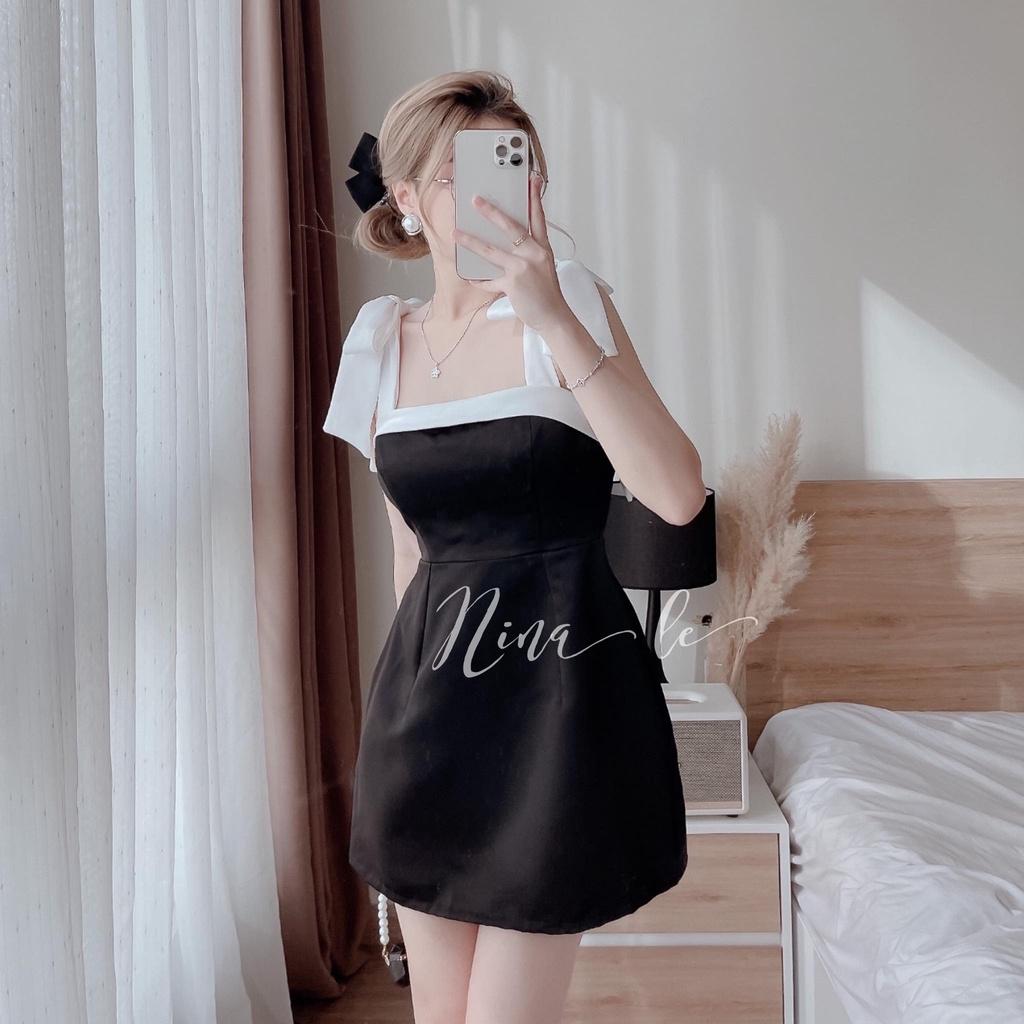 Đầm nữ cổ vuông hai dây nơ vai , màu sắc xinh xắn cho nàng dạo phố, dự tiệc