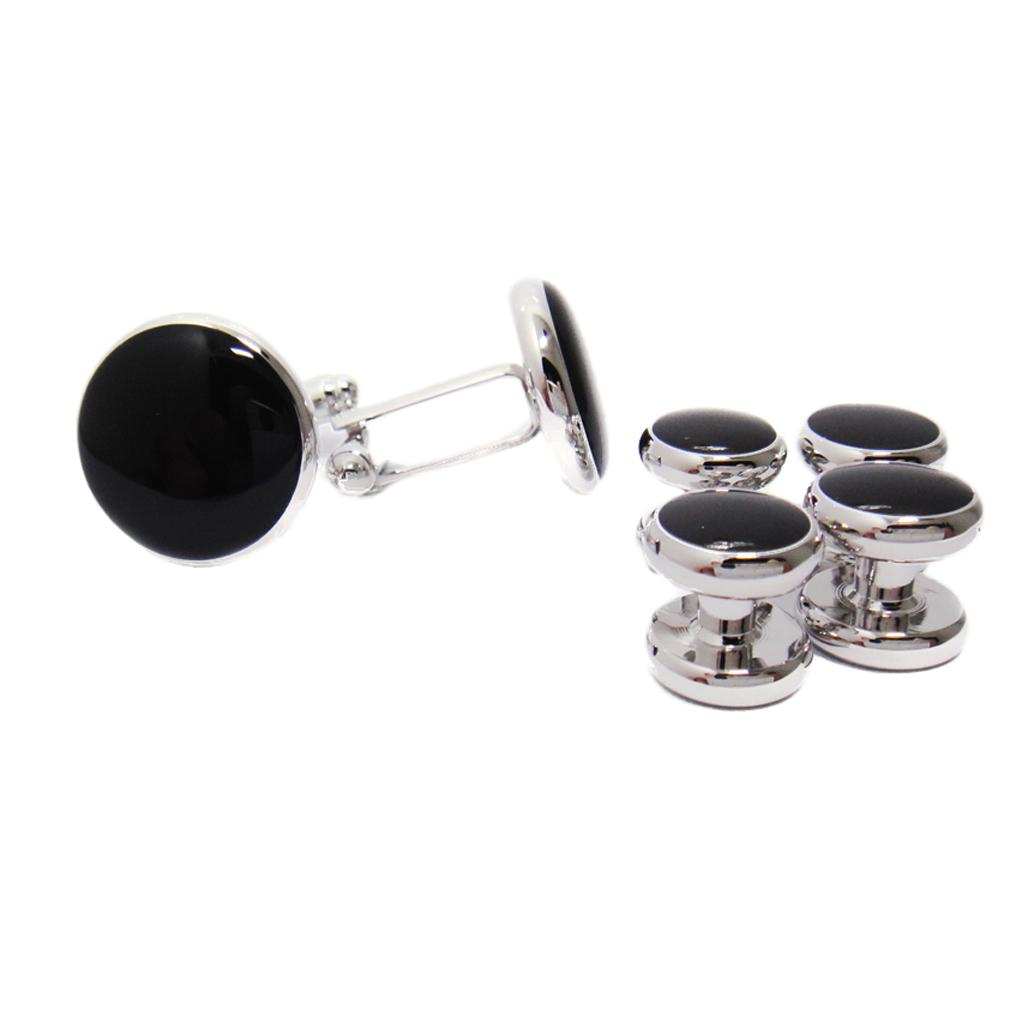 6 Pcs Men Fashion Formal Costume Shirt Black Round Cufflinks And Studs Set