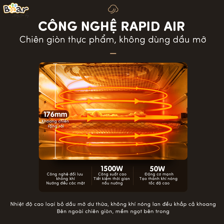 Nồi chiên không dầu Bear 10L QZG A15V1 - Làm nóng bằng không khí, nướng đối lưu - Hàng nhập khẩu