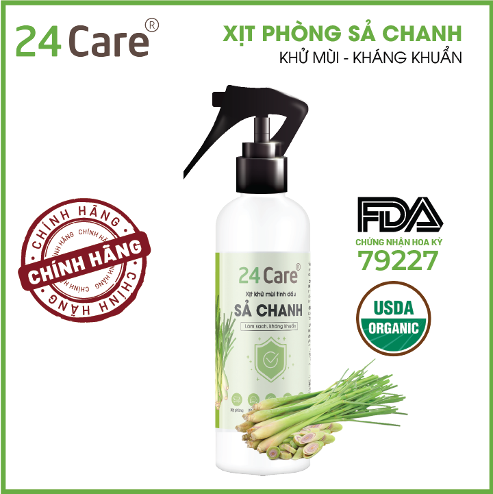 Xịt Phòng Tinh Dầu Thảo Mộc Hữu Cơ Organic 24Care 250ML - Kháng khuẩn - Khử mùi hôi - Đuổi muỗi, côn trùng - Tập trung tinh thần làm việc, lái xe, học hành - Hương thơm thư giãn