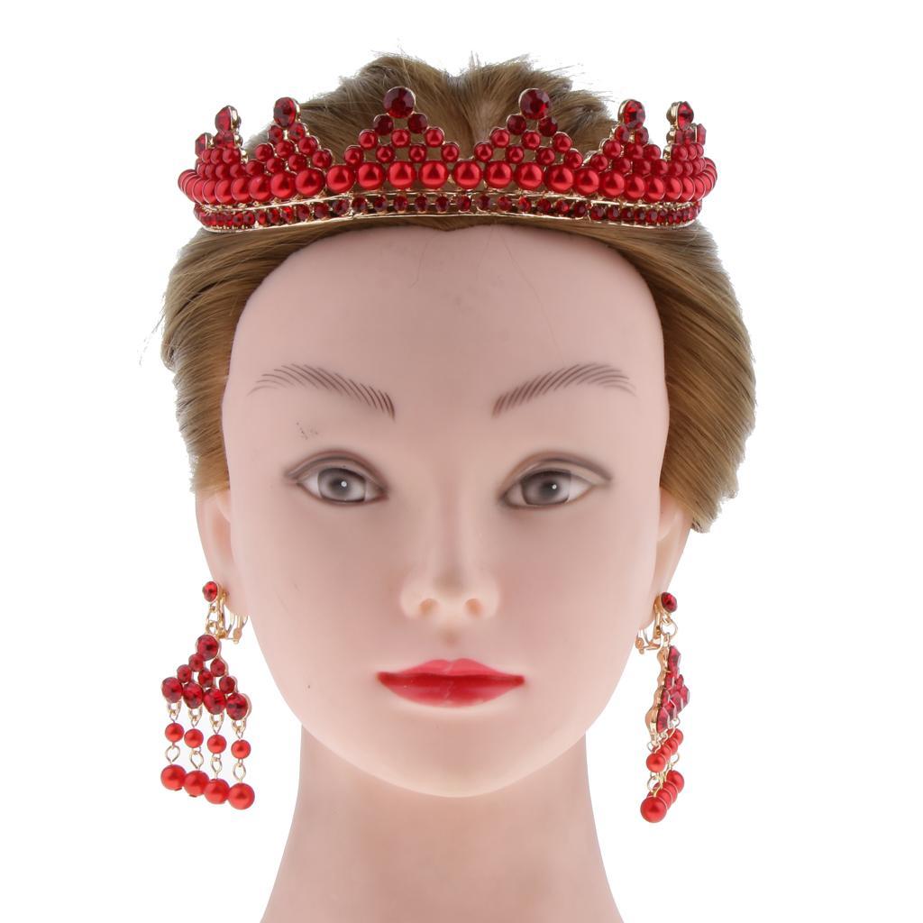 Wedding Bridal Pearls Crown Headband Earrings Girls Woman Party Jewelry Set