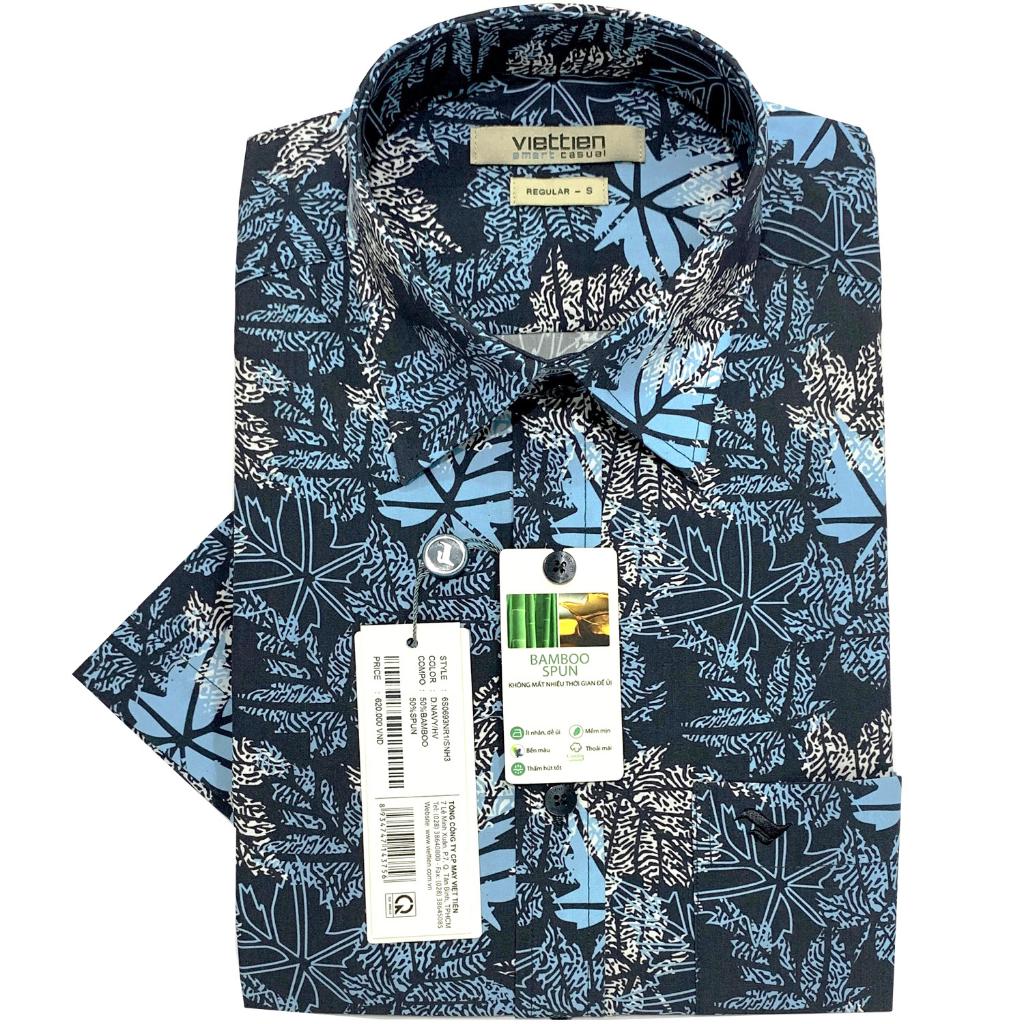 Việt Tiến - Áo sơ mi nam ngắn tay xẻ tà lai ngang Bamboo Regular hoạ tiết hoa lá 6S0693 - Blue