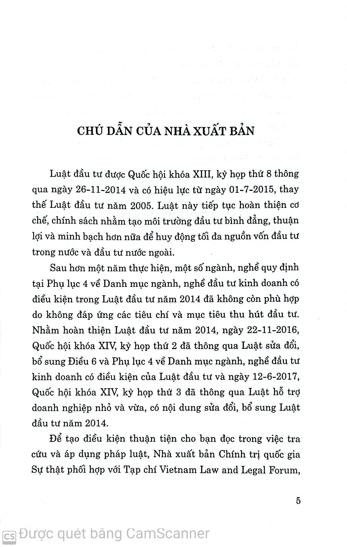 Luật đầu tư hiện hành (Luật năm 2014, sửa đổi, bổ sung năm 2016, 2017) (Song ngữ Việt - Anh) Current Law on Investment (Law in 2014, amended and supplementde in 2016, 2017) (Vietnamese - English)