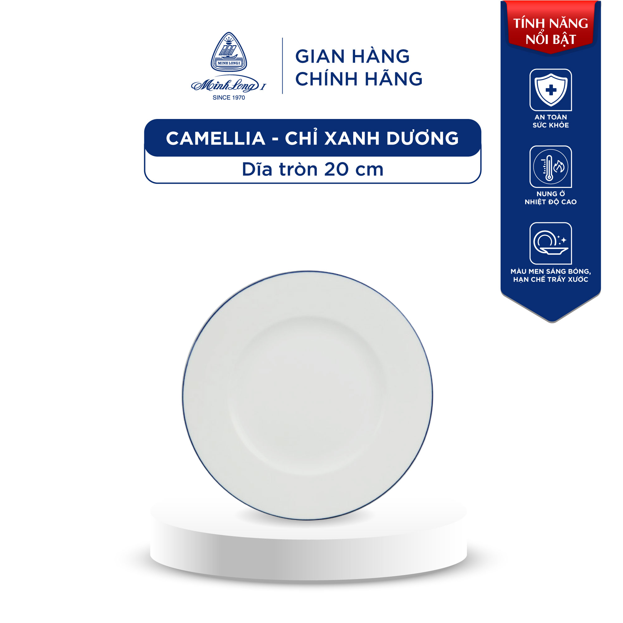 Dĩa Tròn Sứ Minh Long 20 cm - Camellia - Chỉ Xanh Dương