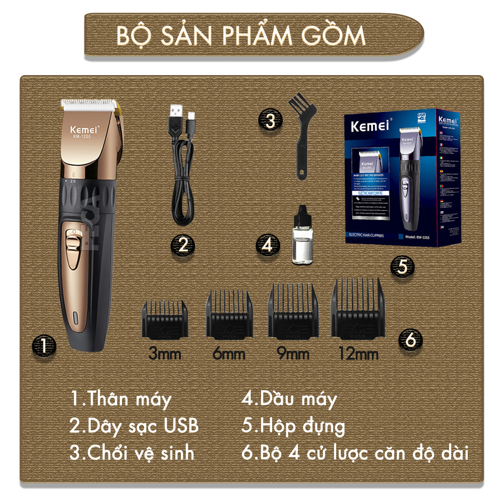 Tông đơ cắt tóc không dây Kemei KM-1255 dùng cho cá nhân và gia đình - Hàng chính hãng