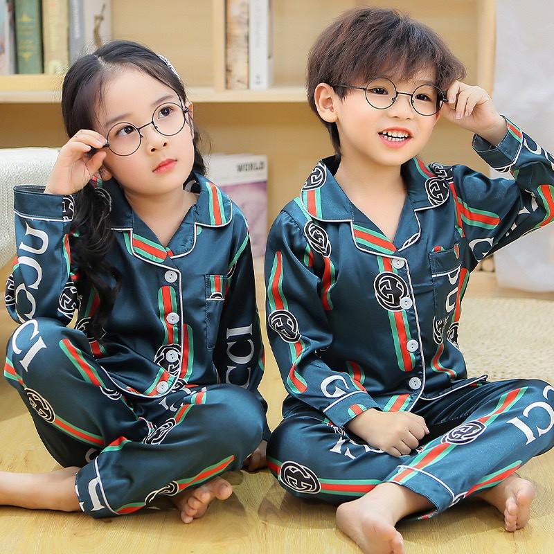 Bộ Pijama Lụa Dài Tay Cho Bé Từ 6-28kg MOON HOUSE, Bộ Lụa Họa Tiết Gấu Cho Bé Trai Và Bé Gái Mặc Nhà Cực Yêu