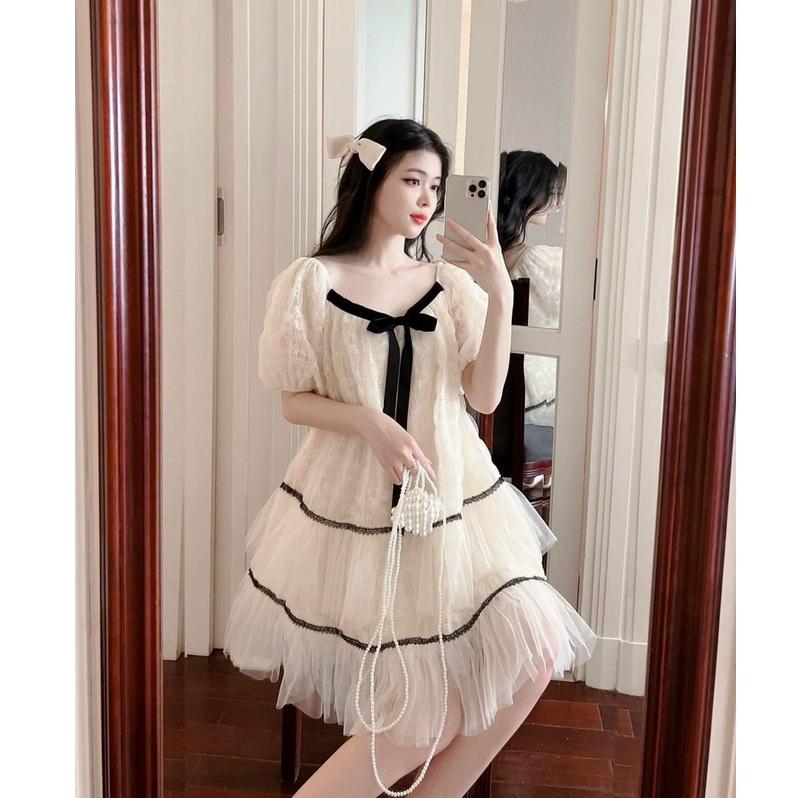 Đầm ren suông babydoll phối viền đen cột nơ xinh xắn