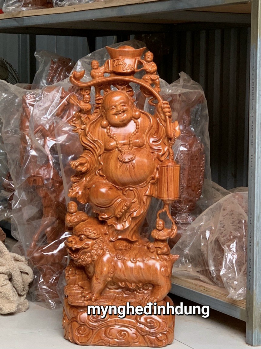 Tượng phật di lặc ngũ phúc trấn nghê bằng gỗ hương đá kt cao 60cm