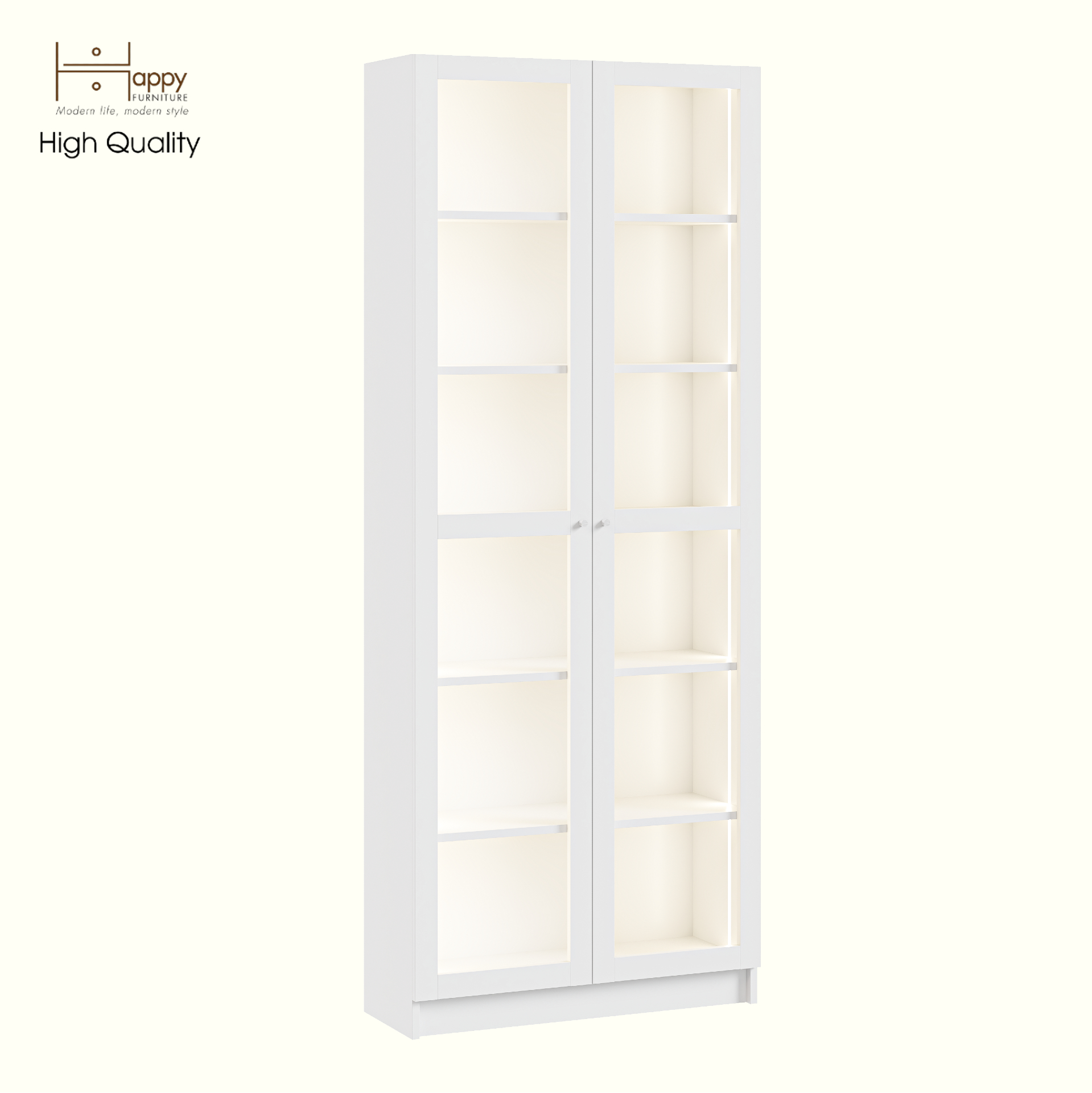 HAPPY FURNITURE , Kệ sách 6 tầng cửa kính đèn LED - CATY, KSA_074_LED , 80cm x 30cm x 202cm DxRxC
