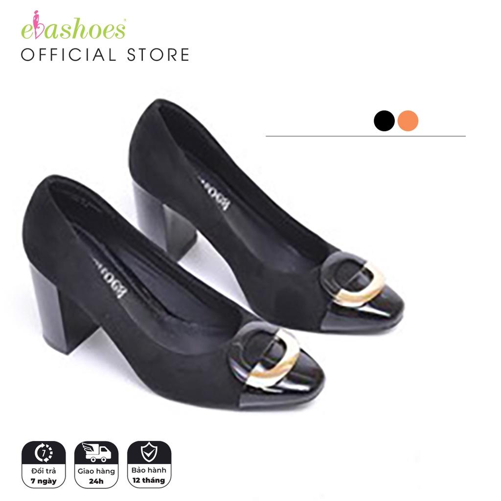 Giày cao gót nữ đế vuông mũi phối khuy kim loại da lộn 7cm Evashoes