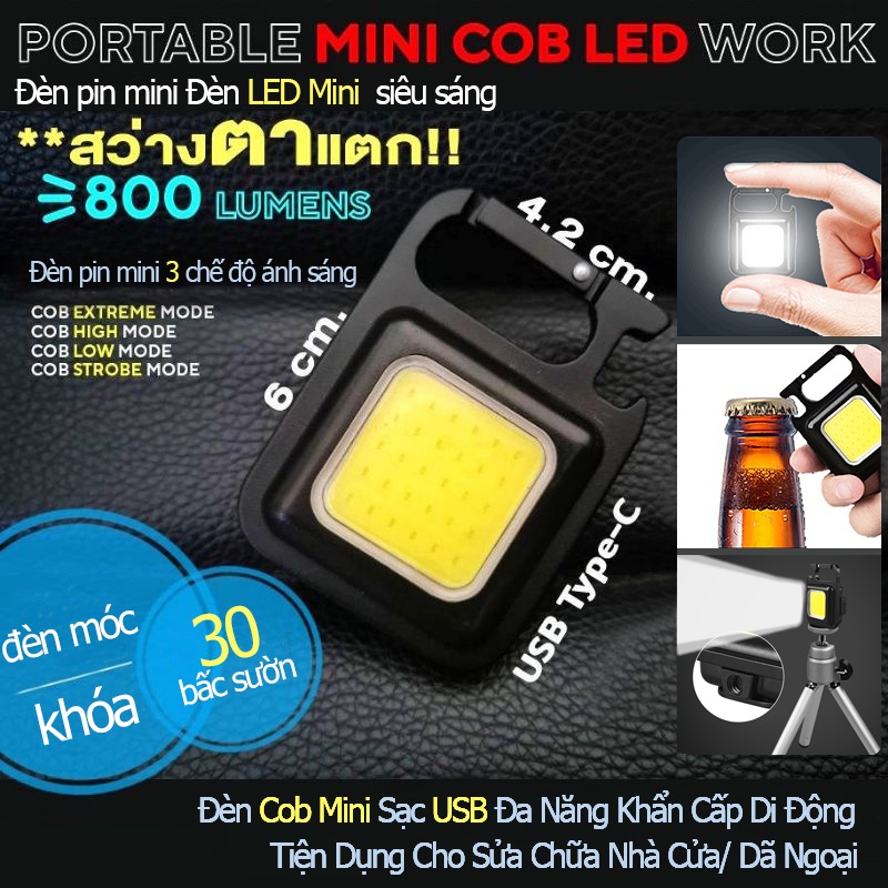 Đèn pin siêu sáng đeo móc khóa đa năng sạc usb tiện dụng bản cao cấp chống nước, đèn led mini COB 800 Lumens