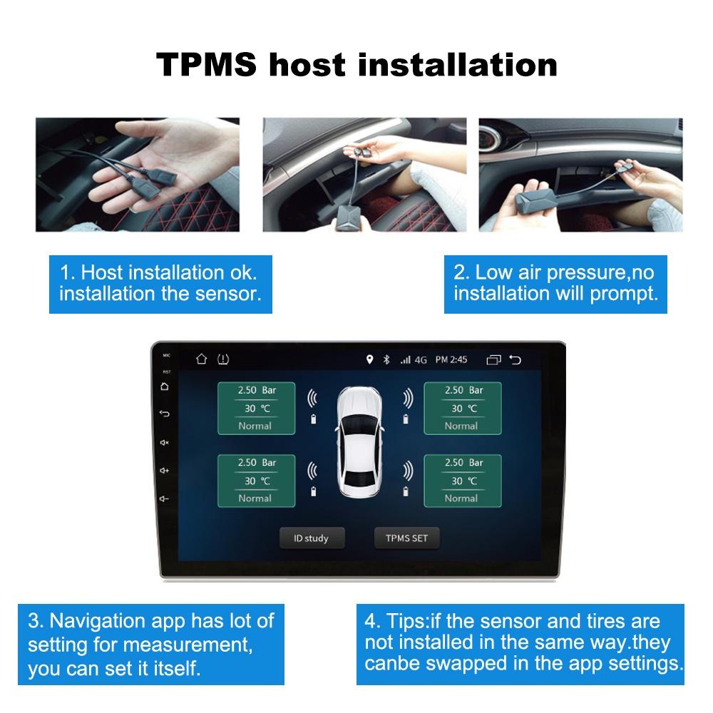 Hệ thống báo động áp suất lốp xe hơi không dây với 4 cảm biến USB Android TPMS