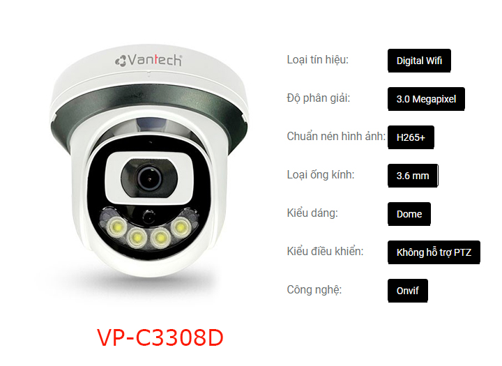 Vantech Camera 3.0MP Network Colorful Dome VP-C3308D - Hàng chính hãng