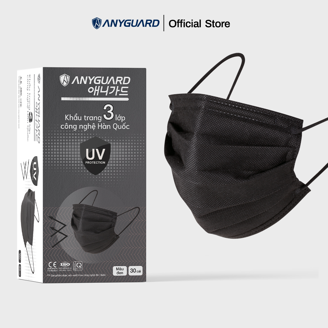 Khẩu Trang Anyguard Hàn Quốc 3 Lớp Màu Đen Chính Hãng - Lọc 99% Vi Khuẩn, UV Protection (Hộp 30 Cái) - Bảo Vệ Hằng Ngày - Tiêu Chuẩn Công Nghệ Hàn Quốc - ISO 9001:2015, ISO 13485:2016, QCVN 01:2017/BTC