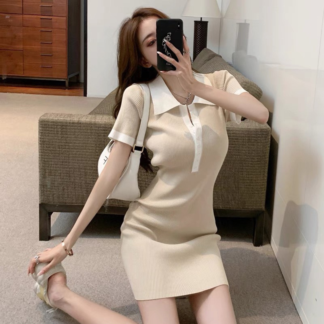 Đầm body tay ngắn cúc khuy chất thun mặc tôn dáng freesize <53kg