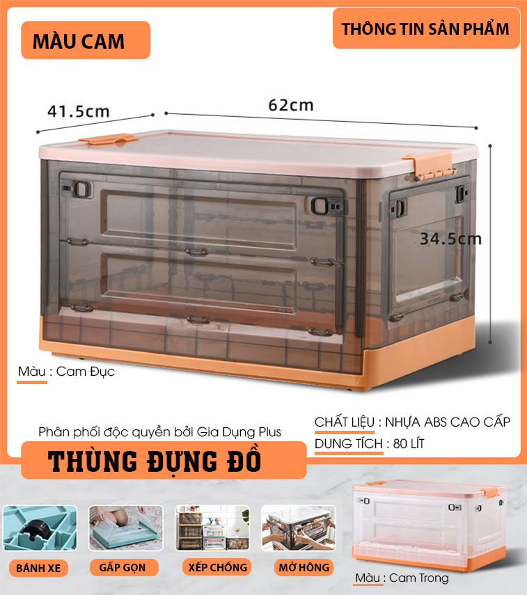 Thùng Đựng Đồ Gấp Gọn 80L Cực Lớn Để Quần Áo, Đồ Dùng Gọn Gàng (Có Bánh Xe, Có Nắp, Ngăn Cửa)