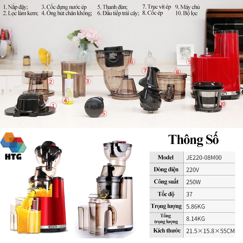 Máy ép chậm trái cây SAVTM JE220-08MOO thương mại, chức năng làm kem, lọc inox 304, tốc độ ép 37 vòng/phút, động cơ không chổi than, hàng chính hãng