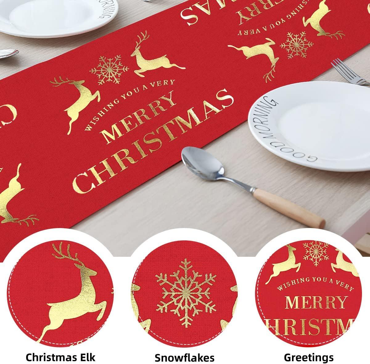 Người chạy bàn Giáng sinh, áo đỏ và trang trí bàn Giáng sinh bằng vải lanh với nai sừng tấm hoặc bông tuyết, khăn trải bàn Giáng sinh và đường dẫn cho trang trí bàn Giáng sinh