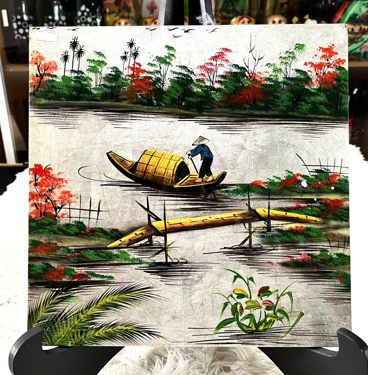 Tranh sơn mài đồng quê vẽ vàng, hàng xuất khẩu 30x30 cm