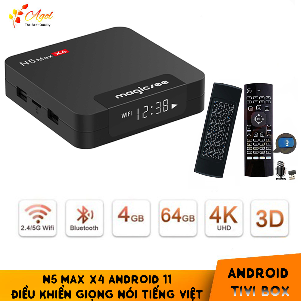 Android tivi box magicsee n5 max x4 Rom 64G Ram 4G điều khiển giọng nói tiếng Việt kiêm bàn phím chuột bay có đèn nền wifi 2 băng tần bluetooth S905X4 cài sẵn phim, truyền hình cáp miễn phí vĩnh viễn - Hàng nhập khẩu