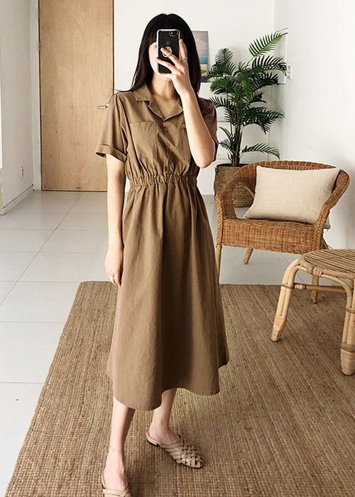 Đầm Sơ Mi Thắt Eo Hai Túi Latte