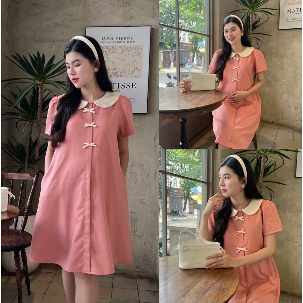 Đầm bầu công sở cổ sen đính 3 nơ dễ thương chất cotton lạnh mềm mịn - Hồng