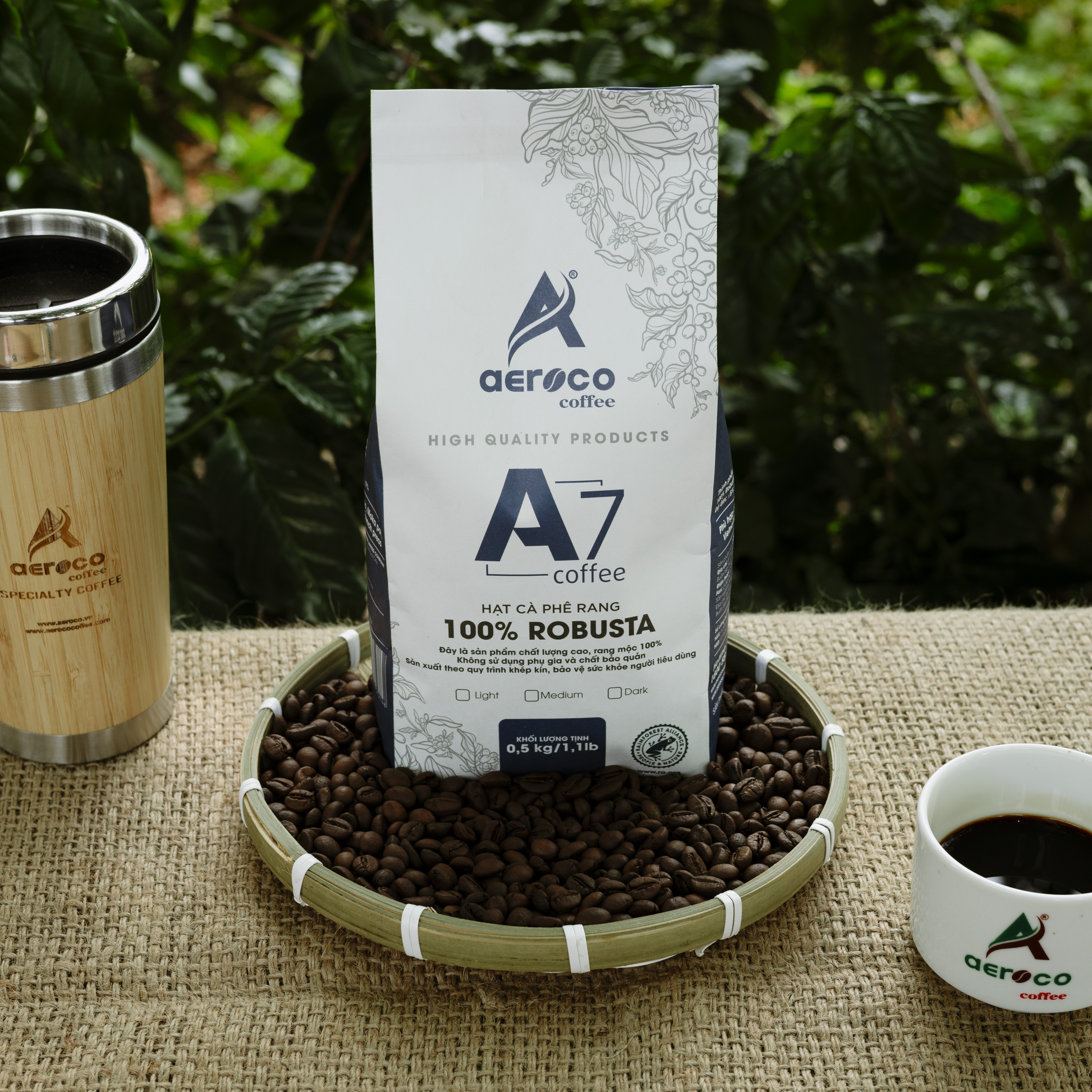 Gói 500g_Cà phê AEROCO hạt rang A7 (100% Robusta) nguyên chất 100% rang mộc hậu vị ngọt thơm quyến rũ, phù hợp pha máy và pha phin