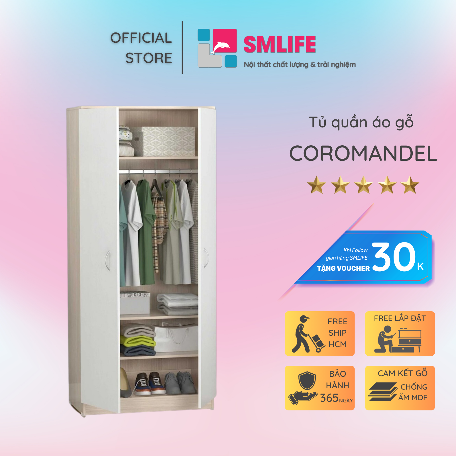 Tủ quần áo gỗ hiện đại SMLIFE Coromandel | Gỗ MDF dày 17mm chống ẩm | D80xR45xC180cm