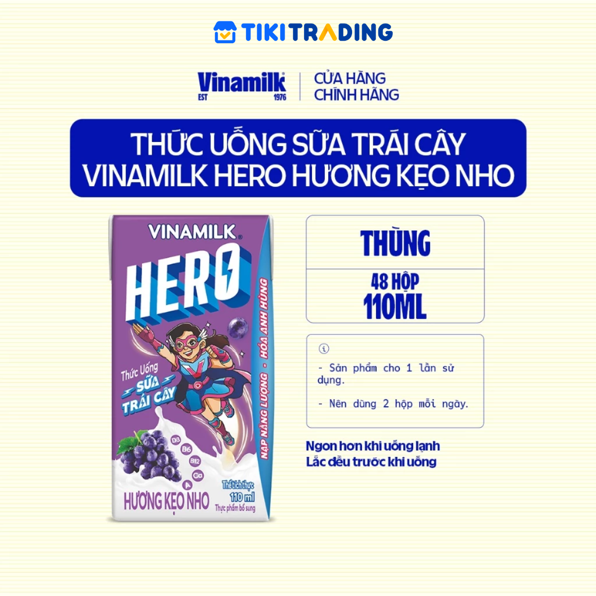 Thùng 48 hộp thức uống sữa trái cây vị kẹo nho Vinamilk Hero 110ml