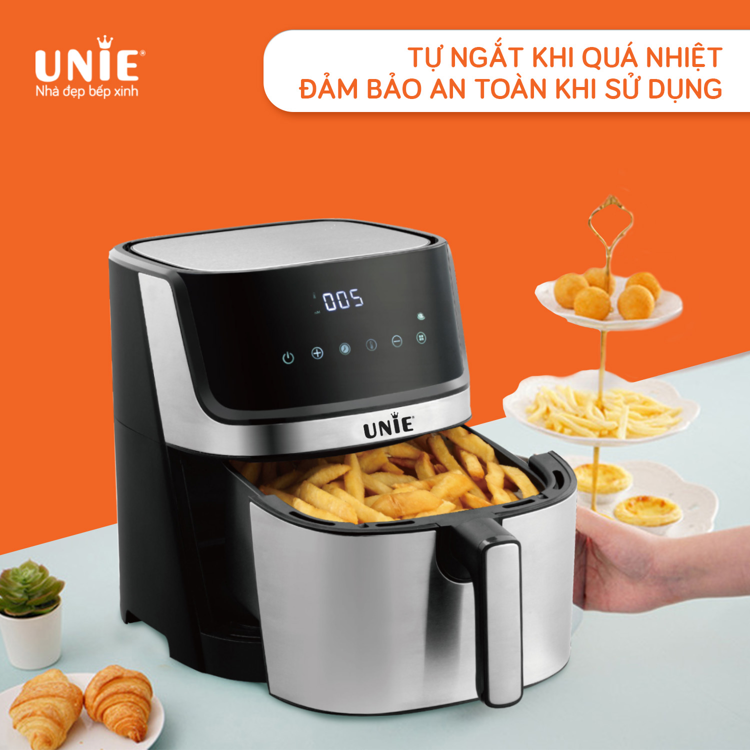 Nồi Chiên Không Dầu UNIE UE-600 Tiêu Chuẩn Đức 8 Chương Trình Nướng Dung Tích 6.5 Lít Công Suất 1500 W - Hàng Chính Hãng