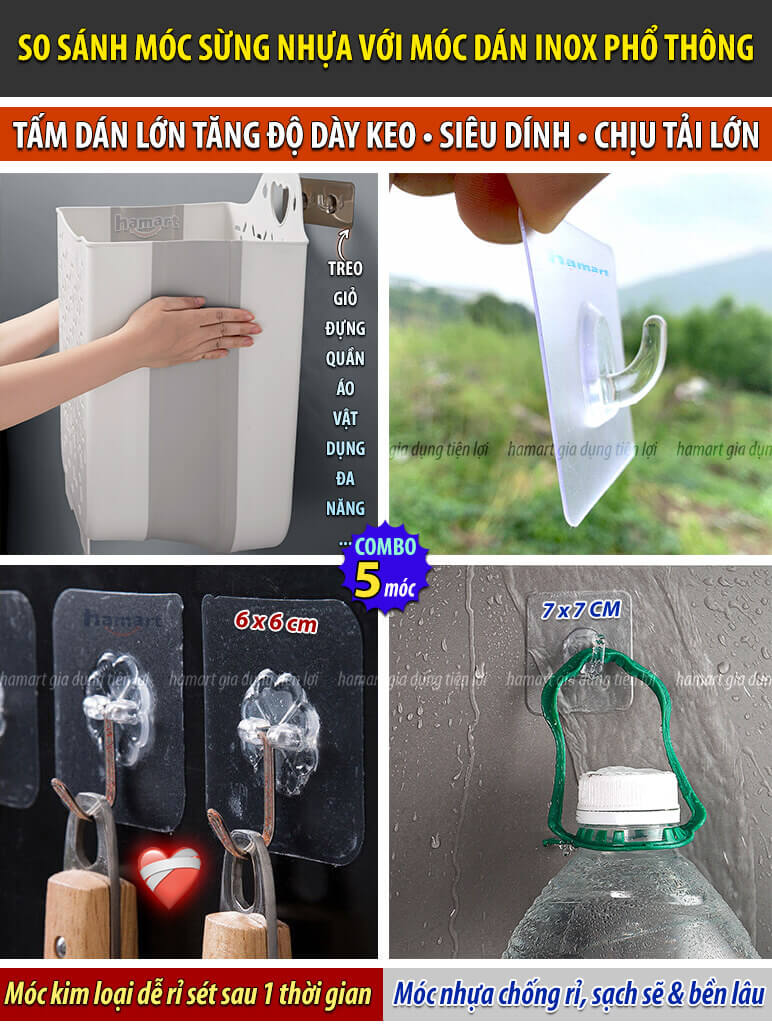 COMBO 5 Móc Sừng Nhựa Treo Giỏ Đựng Quần Áo Nhà Tắm Dán Tường Hamart Treo Đồ Đa Năng Tấm Lớn Siêu Dính