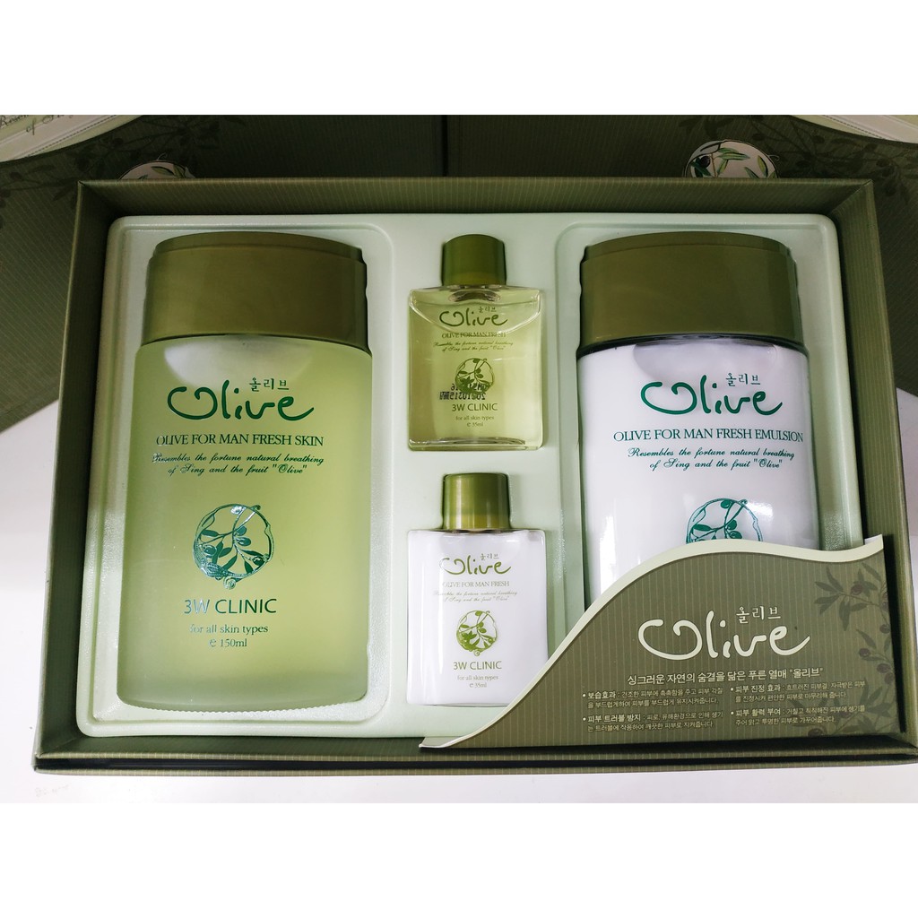 Set 2 sản phẩm dưỡng trắng da nam tinh chất dầu Olive 3W CLINIC OLIVE FOR MAN SET - Hàn Quốc Chính Hãng