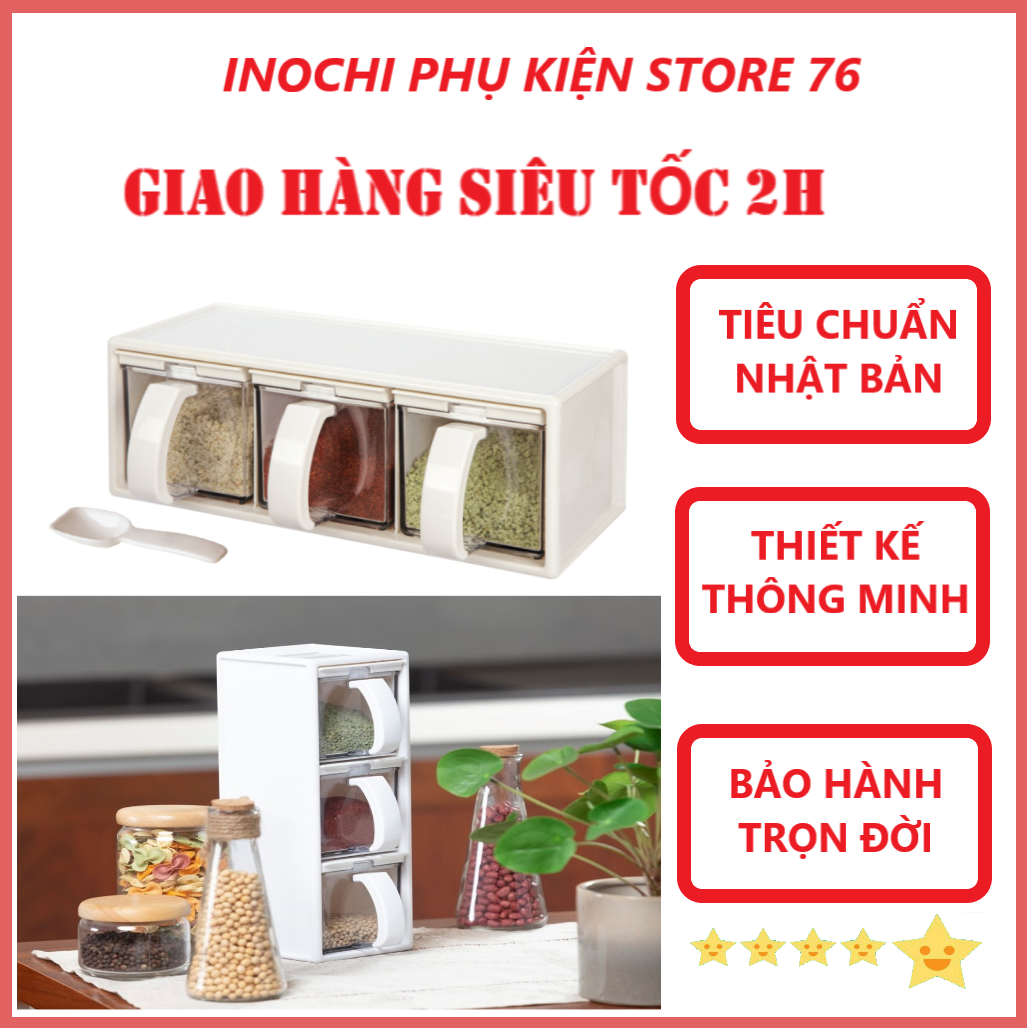 Bộ 3 Hủ Gia Vị Nhà Bếp YoKo Có Nắp, Hộp Đựng Kèm Muỗng Và Giấy Note ( Tặng khăn lau pakasa ) - Hàng Chính Hãng