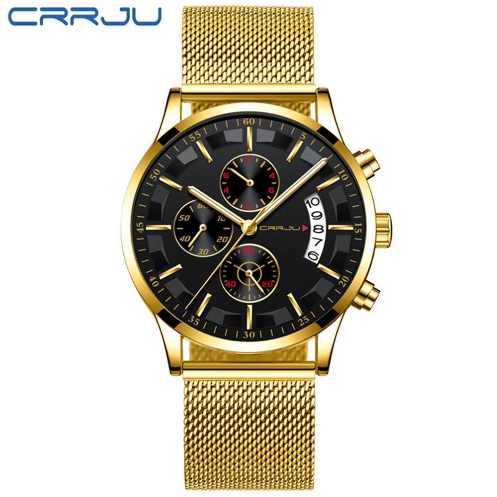 Đồng hồ đeo tay nam CRRJU 2261 Man Quartz phát sáng Chronograph-Vàng đen-Thép