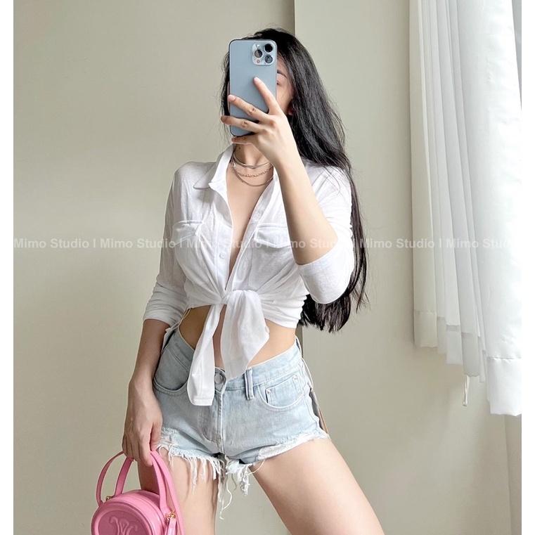 Thun dài tay cổ sơ mi phối túi- Quần short rách lưng thấp
