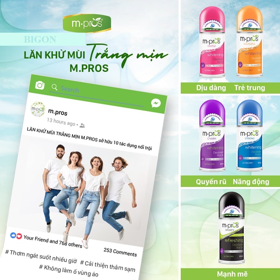 Lăn Khử Mùi M.Pros 60ml - Trắng Mịn - Năng Động - Khử Mùi Hiệu Quả