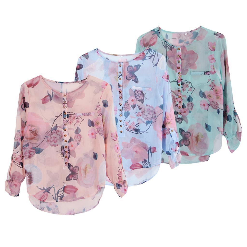 Fashion Bohemian Women’s Long Sleeves Butterfly Floral Print Chiffon Shirt Button Tops Blouse Plus Size